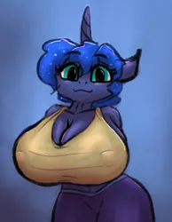 Size: 504x651 | Tagged: suggestive, artist:ismyaltaccount, derpibooru import, princess luna, anthro, arm behind back, big breasts, blue background, breasts, busty princess luna, cleavage, clothes, cute, erect nipples, female, horn, huge breasts, image, impossibly large breasts, looking at you, nipple outline, png, simple background, smiling, smiling at you, solo, solo female, tanktop