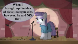 Size: 1280x720 | Tagged: safe, derpibooru import, edit, edited screencap, editor:korora, screencap, maud pie, the maud couple, chemistry joke, g4, image, maud the comedian, microphone, png, pun, speech bubble