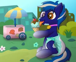 Size: 3400x2774 | Tagged: suggestive, artist:sweetielover, derpibooru import, oc, oc:midnight-delight, unofficial characters only, earth pony, pony, building, cart, cherry, commission, diaper, diaper fetish, fetish, food, g4, heterochromia, high res, ice cream, ice cream cone, image, jewelry, licking, male, necklace, park, png, solo, tongue out