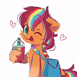 Size: 1000x1000 | Tagged: safe, artist:skylinepony_, derpibooru import, sunny starscout, earth pony, pony, g5, bag, chest fluff, cute, drink, female, fluffy, heart, image, jpeg, looking at you, one eye closed, open mouth, simple background, smiling, smiling at you, smoothie, solo, sunny's bag, sunnybetes, white background