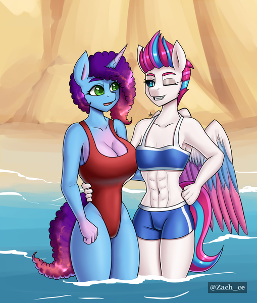 Size: 1400x1650 | Tagged: suggestive, artist:zachc, derpibooru import, anthro, pegasus, unicorn, g5, my little pony: tell your tale, abs, beach, belly button, bikini, breasts, clothes, duo, female, hand on hip, horn, hot day huh?, image, looking at each other, looking at someone, misty brightdawn, one eye closed, one-piece swimsuit, open mouth, open smile, png, scene interpretation, smiling, swimsuit