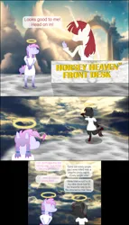 Size: 1606x2812 | Tagged: safe, anonymous artist, derpibooru import, oc, oc:blood stain, oc:fausticorn, oc:heavy weather, unofficial characters only, alicorn, anthro, unguligrade anthro, 3 panel comic, angel, big breasts, breasts, clothes, cloud, comic, desk, dialogue, dress, halo, heaven, image, png, speech bubble, toga