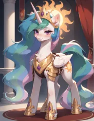 Size: 987x1280 | Tagged: safe, ai content, machine learning generated, prompter:midnightdashie, princess celestia, alicorn, pony, armor, blushing, female, g4, horn, image, jpeg, looking at you, solo, solo female, wings