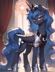 Size: 987x1280 | Tagged: safe, ai content, machine learning generated, prompter:midnightdashie, princess luna, alicorn, pony, armor, blushing, female, g4, horn, image, jpeg, looking at you, solo, solo female, wings