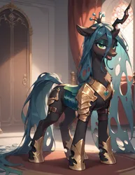 Size: 987x1280 | Tagged: safe, ai content, machine learning generated, prompter:midnightdashie, queen chrysalis, changeling, changeling queen, g4, armor, blushing, female, horn, image, jpeg, looking at you, solo, solo female