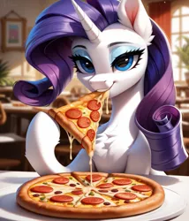 Size: 1097x1280 | Tagged: safe, ai content, machine learning generated, prompter:midnightdashie, rarity, pony, unicorn, eating, female, food, g4, horn, image, jpeg, looking at you, makeup, pizza, solo, solo female