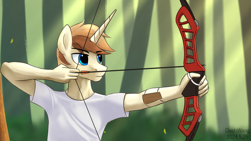 Size: 3000x1688 | Tagged: safe, artist:dash wang, derpibooru import, oc, oc:cream brun, anthro, unicorn, anthro oc, archery, arrow, bow, clothes, forest, hand, horn, image, male, nature, png, tree