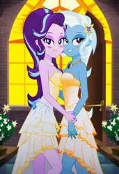 Size: 832x1216 | Tagged: safe, ai content, machine learning generated, prompter:tiamatnightmare, starlight glimmer, trixie, human, equestria girls, church, clothes, dress, female, humanized, image, jewelry, jpeg, lesbian, ring, shipping, startrix, wedding dress, wedding ring
