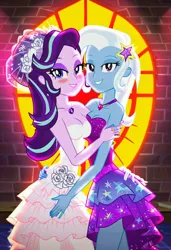 Size: 832x1216 | Tagged: safe, ai content, machine learning generated, prompter:tiamatnightmare, starlight glimmer, trixie, human, equestria girls, church, clothes, dress, female, humanized, image, jewelry, jpeg, lesbian, ring, shipping, startrix, wedding dress, wedding ring