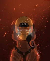 Size: 1920x2370 | Tagged: safe, artist:kirasunnight, derpibooru import, oc, unofficial characters only, earth pony, pony, bust, canadian flag, commission, embers, face mask, fire, firefighter, gas mask, helmet, high res, image, looking at you, male, mask, png, solo, stallion