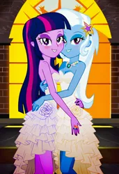 Size: 832x1216 | Tagged: safe, ai content, machine learning generated, prompter:tiamatnightmare, trixie, twilight sparkle, human, equestria girls, church, clothes, dress, female, humanized, image, jewelry, jpeg, lesbian, ring, shipping, twixie, wedding dress, wedding ring