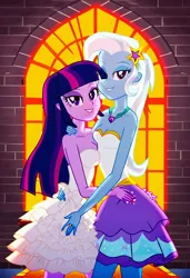 Size: 832x1216 | Tagged: safe, ai content, machine learning generated, prompter:tiamatnightmare, trixie, twilight sparkle, human, equestria girls, church, clothes, dress, female, humanized, image, jewelry, jpeg, lesbian, ring, shipping, twixie, wedding dress, wedding ring