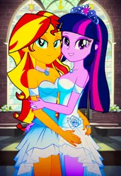 Size: 832x1216 | Tagged: safe, ai content, machine learning generated, prompter:tiamatnightmare, sunset shimmer, twilight sparkle, human, equestria girls, church, clothes, dress, female, humanized, image, jewelry, jpeg, lesbian, ring, shipping, sunsetsparkle, wedding dress, wedding ring