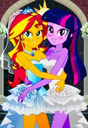 Size: 832x1216 | Tagged: safe, ai content, machine learning generated, prompter:tiamatnightmare, sunset shimmer, twilight sparkle, human, equestria girls, church, clothes, dress, female, humanized, image, jewelry, jpeg, lesbian, ring, shipping, sunsetsparkle, wedding dress, wedding ring