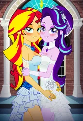 Size: 832x1216 | Tagged: safe, ai content, machine learning generated, prompter:tiamatnightmare, starlight glimmer, sunset shimmer, human, equestria girls, church, clothes, dress, female, humanized, image, jewelry, jpeg, lesbian, ring, shimmerglimmer, shipping, wedding dress, wedding ring