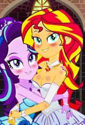 Size: 832x1216 | Tagged: safe, ai content, machine learning generated, prompter:tiamatnightmare, starlight glimmer, sunset shimmer, human, equestria girls, church, clothes, dress, female, humanized, image, jewelry, jpeg, lesbian, ring, shimmerglimmer, shipping, wedding dress, wedding ring