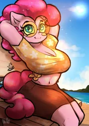 Size: 992x1403 | Tagged: safe, alternate version, artist:doodlebun, artist:mrdoodlebun, derpibooru import, pinkie pie, anthro, arm behind head, beach, breasts, busty pinkie pie, cleavage, clothes, female, front knot midriff, g4, glasses, image, jpeg, midriff, outdoors, round glasses, shirt, sitting, skirt, smiling, sunglasses