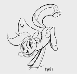 Size: 2000x1928 | Tagged: safe, artist:brdte, derpibooru import, applejack, earth pony, pony, female, g4, grayscale, handstand, image, jpeg, looking back, mare, monochrome, open mouth, open smile, signature, sketch, smiling, solo, upside down