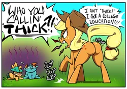 Size: 1000x700 | Tagged: suggestive, artist:slypon, derpibooru import, applejack, snails, snips, earth pony, angry, applebutt, applejack's hat, butt, cowboy hat, dialogue, hat, image, misunderstanding, plot, png, stomping, the ass was fat, trio, yelling