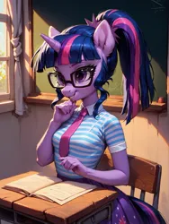Size: 1600x2133 | Tagged: safe, ai content, derpibooru import, machine learning generated, prompter:wolferin, stable diffusion, sci-twi, twilight sparkle, anthro, breasts, busty twilight sparkle, clothes, generator:pony diffusion v6 xl, glasses, image, jpeg, prompt in source, school uniform, solo
