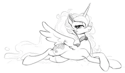 Size: 1808x1058 | Tagged: safe, artist:sunbusting, edit, ponerpics import, ponybooru import, princess luna, alicorn, pony, belly, clothes, collar, female, grayscale, image, lidded eyes, looking at you, lying down, mare, monochrome, png, ponybooru exclusive, ponytail, prone, simple background, socks, solo, spread wings, white background, wings
