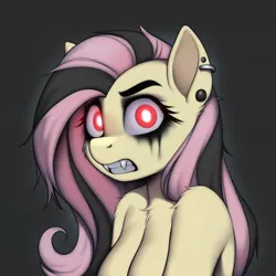 Size: 1600x1600 | Tagged: suggestive, ai content, derpibooru import, machine learning generated, prompter:excelus, fluttershy, anthro, angry, breasts, bust, ear piercing, emoshy, fangs, fluffy, glow, glowing eyes, gritted teeth, image, insanity, makeup, messy mane, piercing, png, portrait, red eyes, running makeup, scowl, solo, teeth
