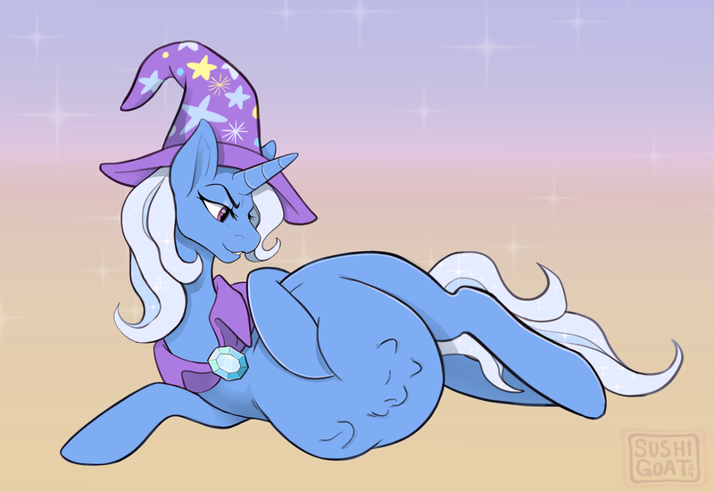 Size: 4000x2753 | Tagged: suggestive, artist:sushigoat, derpibooru import, trixie, pony, unicorn, belly, big belly, commission, female, fetish, g4, gradient background, grin, hoof on belly, horn, huge belly, image, implied twilight sparkle, lidded eyes, lying down, mare, png, post-vore, side, smiling, solo, solo female, trixie predamoon, vore, willing vore