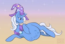 Size: 4000x2753 | Tagged: suggestive, artist:sushigoat, derpibooru import, trixie, pony, unicorn, belly, big belly, commission, female, fetish, g4, gradient background, grin, hoof on belly, horn, huge belly, image, implied twilight sparkle, lidded eyes, lying down, mare, png, post-vore, side, smiling, solo, solo female, trixie predamoon, vore, willing vore
