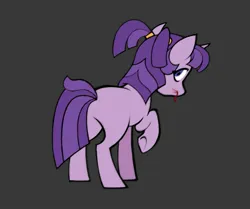 Size: 1971x1650 | Tagged: safe, artist:partyponypower, derpibooru import, starlight glimmer, pony, unicorn, alternate mane color, alternate tail color, alternate universe, blood, colored, eyelashes, female, filly, filly starlight glimmer, flat colors, foal, g4, gray background, horn, image, implied violence, jpeg, looking at you, looking back, looking back at you, lyrics in the description, mare, no catchlights, no mouth, pigtails, pink coat, purple mane, purple tail, raised hoof, rear view, simple background, solo, standing, tail, tied mane, unicorn horn, younger