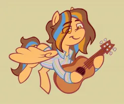 Size: 1971x1650 | Tagged: safe, artist:partyponypower, derpibooru import, oc, unnamed oc, unofficial characters only, pegasus, pony, acoustic guitar, ambiguous gender, button-up shirt, clothes, colored, dress shirt, eye clipping through hair, eyebrows, eyebrows visible through hair, flat colors, flying, guitar, hoof hold, image, jpeg, long mane, long tail, looking down, multicolored mane, multicolored tail, musical instrument, nose wrinkle, partially open wings, pegasus oc, requested art, shirt, smiling, solo, striped shirt, tail, wings, yellow coat, yellow eyes