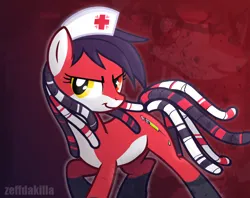 Size: 1200x950 | Tagged: safe, artist:zeffdakilla, derpibooru import, oc, oc:renard queenston, ponified, unofficial characters only, earth pony, pony, dreadlocks, hat, image, looking sideways, nurse, nurse hat, png, raised hoof, raised leg, red background, simple background, smiling, solo