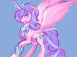 Size: 1200x900 | Tagged: safe, artist:sarpiza_, derpibooru import, princess flurry heart, alicorn, pony, blue background, female, g4, hair ornament, horn, horn jewelry, image, jewelry, jpeg, mare, older, older flurry heart, peytral, raised hoof, simple background, solo, spread wings, wings