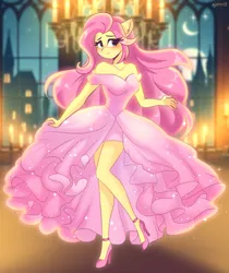 Size: 3360x4000 | Tagged: safe, artist:xjenn9, derpibooru import, fluttershy, anthro, plantigrade anthro, pony, beautiful, blushing, clothes, cute, dress, female, high heels, image, looking at you, mare, pink dress, pink skirt, png, shoes, shyabetes, smiling, smiling at you, sparkles