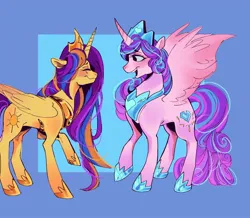 Size: 2000x1741 | Tagged: safe, artist:sarpiza_, derpibooru import, princess flurry heart, oc, alicorn, pony, alicorn oc, blue background, cousins, crown, duo, duo female, eyes closed, female, g4, horn, image, jewelry, jpeg, looking at each other, looking at someone, mare, offspring, older, older flurry heart, open mouth, open smile, parent:flash sentry, parent:twilight sparkle, parents:flashlight, passepartout, peytral, regalia, simple background, smiling, smiling at each other, spread wings, wings