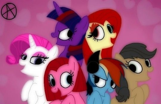 Size: 540x350 | Tagged: safe, ponerpics import, ponybooru import, applejack, fluttershy, pinkie pie, rainbow dash, rarity, twilight sparkle, earth pony, pegasus, unicorn, elements of insanity, applepills, brutalight sparcake, fluttershout, image, jpeg, mane six, pinkis cupcake, rainbine, rarifruit