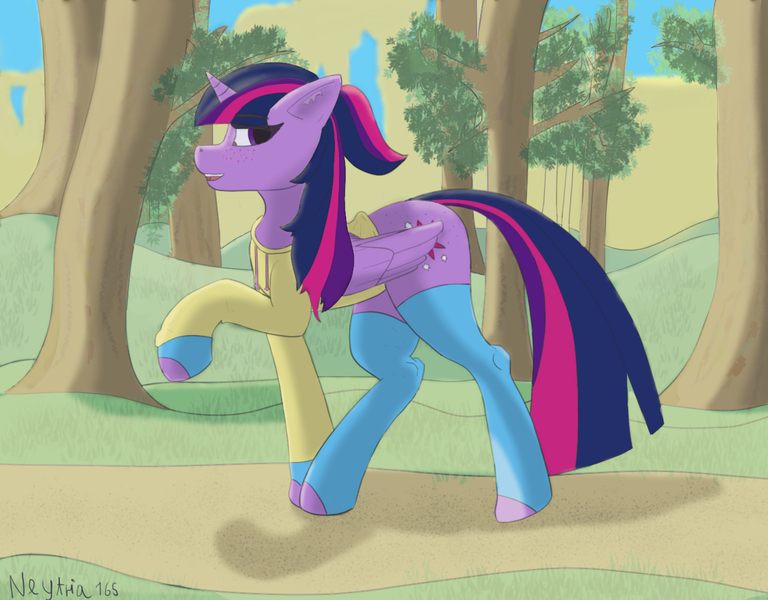 Size: 1280x1000 | Tagged: safe, artist:neytria165, derpibooru import, twilight sparkle, twilight sparkle (alicorn), alicorn, pony, alternate hairstyle, clothes, fanart, female, forest, freckles, g4, image, mare, nature, png, ponytail, smiling, socks, solo, sweater, tree