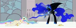 Size: 6693x2468 | Tagged: safe, artist:ladyroxanne7, derpibooru import, nightmare moon, princess celestia, oc, oc:nyx, alicorn, pony, fanfic:past sins, alicorn oc, arcane, arcane sword, boots, canterlot, canterlot castle, chestplate, clothes, concave belly, duo, duo female, ethereal hair, eyeshadow, fanfic art, female, female oc, females only, floor, glow, glowing horn, helmet, horn, image, imminent defeat, injured, jewelry, jpeg, long legs, magic, makeup, mare oc, nightmare nyx, peytral, pillar, raised hoof, scar, scene interpretation, shoes, slender, slit pupils, solo, spread wings, stained glass, stone, stone wall, sword, tall, thin, tiara, wall, weapon, wings