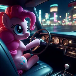 Size: 1024x1024 | Tagged: safe, ai content, derpibooru import, machine learning generated, prompter:equestria pony fans, pinkie pie, earth pony, pony, 3d, building, car, city, driving, evening, female, g4, generator:bing image creator, generator:dall-e 3, image, jpeg, lights, mare, seat, sitting, stars, steering wheel, triangle, wrong cutie mark