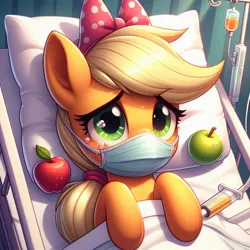 Size: 1024x1024 | Tagged: safe, ai content, derpibooru import, machine learning generated, prompter:equestria pony fans, applejack, earth pony, pony, apple, bed, bow, crying, female, food, fruit, g4, generator:bing image creator, generator:dall-e 3, hairband, hospital, hospital bed, image, jpeg, lying down, mare, mask, pillow, polka dots, sad, sick