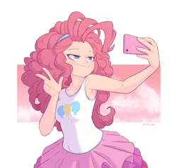 Size: 1075x1024 | Tagged: safe, artist:skittlebuggy, color edit, derpibooru import, edit, pinkie pie, human, equestria girls, clothes, colored, female, g4, high res, image, lidded eyes, my little pony equestria girls: better together, peace sign, phone, png, selfie, skin color edit, skirt, smiling, smirk, solo, taking a photo