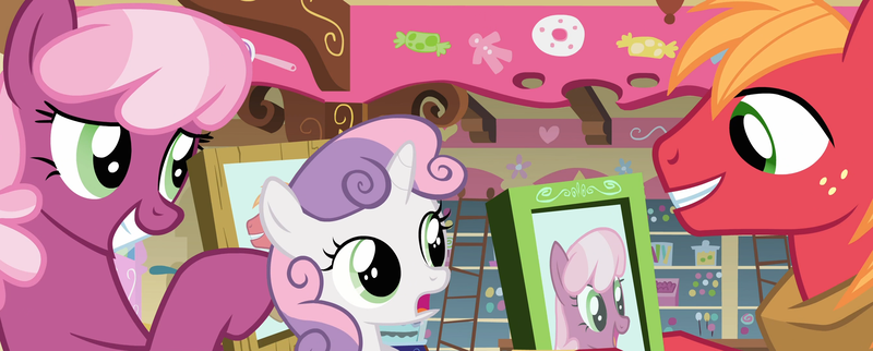 Size: 2687x1080 | Tagged: safe, composite screencap, derpibooru import, edit, edited screencap, screencap, big macintosh, cheerilee, sweetie belle, earth pony, pony, unicorn, hearts and hooves day (episode), g4, horn, image, photos, png, smiling, sugarcube corner