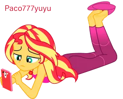 Size: 1342x1081 | Tagged: safe, derpibooru import, sunset shimmer, barefoot, clothes, cute, feet, female, fetish, foot fetish, high heels, image, lying down, mobile phone, phone, png, relaxed, shoeplay, shoes, soles, solo, solo female, the pose