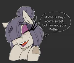 Size: 1380x1168 | Tagged: safe, artist:lockheart, derpibooru import, oc, oc:dot matrix's mom, unofficial characters only, earth pony, pony, bucktooth, bust, eye clipping through hair, eyeshadow, female, gray background, hair over one eye, hoof on cheek, image, jpeg, long eyelashes, makeup, mare, mole, mother's day, open mouth, open smile, simple background, smiling, solo, underhoof