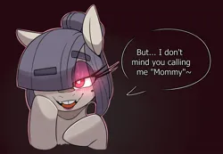 Size: 1686x1168 | Tagged: safe, artist:lockheart, derpibooru import, oc, oc:dot matrix's mom, unofficial characters only, earth pony, pony, bedroom eyes, bust, dialogue, eyebrows, eyebrows visible through hair, female, glow, glowing horn, gray background, hair over one eye, hoof on cheek, horn, image, jpeg, looking at you, mare, mommy kink, mother's day, raised eyebrow, simple background, smiling, smiling at you, solo, speech bubble, talking to viewer