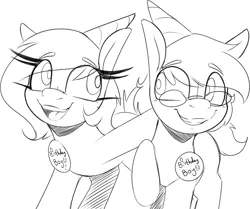 Size: 3355x2806 | Tagged: safe, artist:lockheart, derpibooru import, oc, oc:lockie, oc:tjpones, unofficial characters only, earth pony, pony, birthday, black and white, duo, duo male and female, female, glasses, grayscale, grin, hat, image, long eyelashes, looking at each other, looking at someone, male, mare, monochrome, open mouth, open smile, party hat, png, simple background, smiling, smiling at each other, stallion, white background