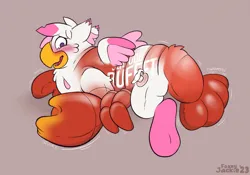 Size: 2291x1608 | Tagged: safe, artist:foxxy-arts, artist:pinksundae, derpibooru import, oc, oc:foxxy hooves, unofficial characters only, hippogriff, lobster, blushing, female, hippogriff oc, image, inanimate tf, inflatable, mid-transformation, open mouth, png, solo, transformation