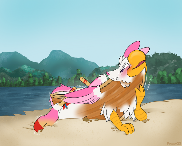 Size: 2142x1720 | Tagged: safe, artist:foxxy-arts, derpibooru import, oc, oc:foxxy hooves, unofficial characters only, hippogriff, blushing, boat, female, hippogriff oc, image, inanimate tf, lake, mid-transformation, mountain, oars, open mouth, png, rock, rowboat, sky, solo, transformation, tree, water