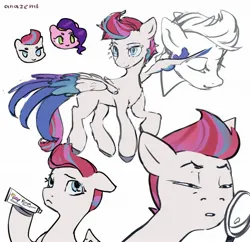 Size: 1914x1849 | Tagged: safe, artist:laymy, derpibooru import, pipp petals, zipp storm, pegasus, pony, g5, duo, duo female, female, floppy ears, hoof hold, image, jpeg, magnifying glass, mare, narrowed eyes, royal sisters (g5), siblings, signature, simple background, sisters, solo focus, spread wings, toothpaste, white background, wings