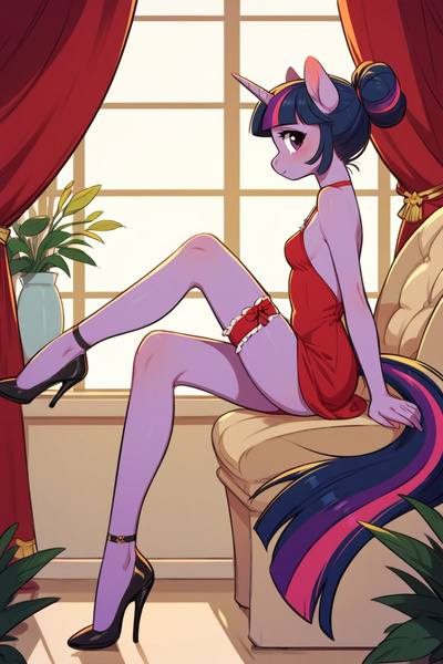 Size: 800x1200 | Tagged: suggestive, ai content, derpibooru import, machine learning generated, prompter:foxlover7796, stable diffusion, twilight sparkle, anthro, alternate hairstyle, breasts, clothes, dress, garter, high heels, image, jpeg, long legs, looking at you, raised leg, sexy, shoes, sitting, small breasts