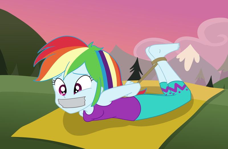 Size: 2500x1642 | Tagged: safe, artist:nie-martw-sie-o-mnie, derpibooru import, rainbow dash, human, equestria girls, wake up!, spoiler:eqg series (season 2), barefoot, bondage, bound and gagged, clothes, feet, female, g4, gag, hogtied, image, my little pony equestria girls: choose your own ending, pants, png, rope, rope bondage, solo, tape, tape gag, wake up!: rainbow dash, yoga mat, yoga pants